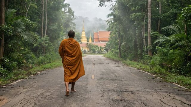 Buddhist Monk Walking Toward Golden Temple Through Misty Jungle Road &mdash; Thailand Spiritual Journey