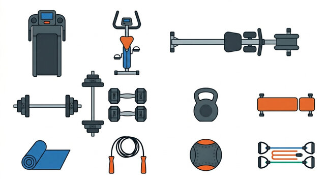 Collection of modern fitness equipment for a home gym.