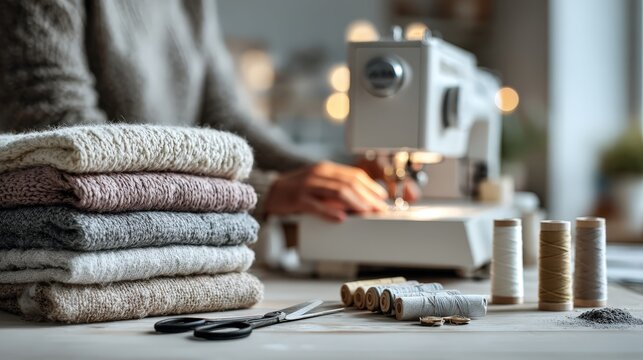 Seamstress Reviews Textiles. Aligning Towels With Sewing Tools. Operator Assembles And Inspects Fabric Pieces Carefully. Worker Utilizes Sewing Equipment For Towel Finishing Process Diligently