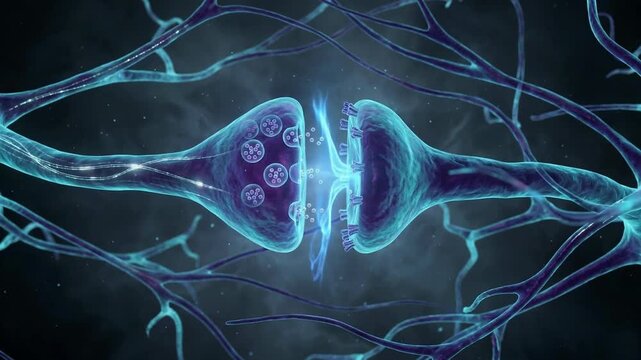 Scientific detailed visualization of brain neurons at the synaptic cleft showing electrical pulses and neurotransmitter release in a dark blue space