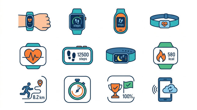 Fitness Tracker Icons Showing Health and Activity Data.