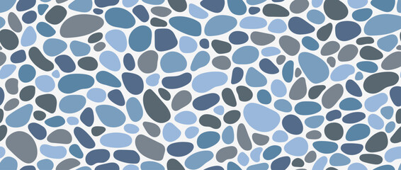 Obraz premium Blue grey pebble stone seamless pattern. Repeated smooth cobblestone background. Rounded stone sidewalk paved texture. Sea or river beach rock repeating wallpaper. Vector landscaping pavement backdrop