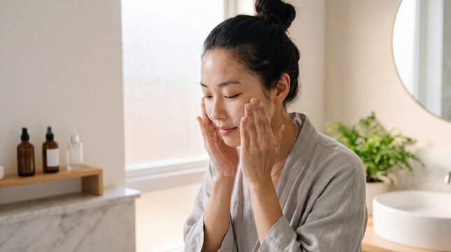 Asian woman skincare routine gentle cleansing step morning self care natural light bathroom healthy glowing skin relaxed mood facial cleanser home interior
