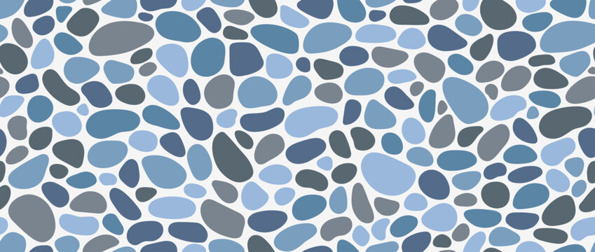 Blue grey pebble stone seamless pattern. Repeated smooth cobblestone background. Rounded stone sidewalk paved texture. Sea or river beach rock repeating wallpaper. Vector landscaping pavement backdrop