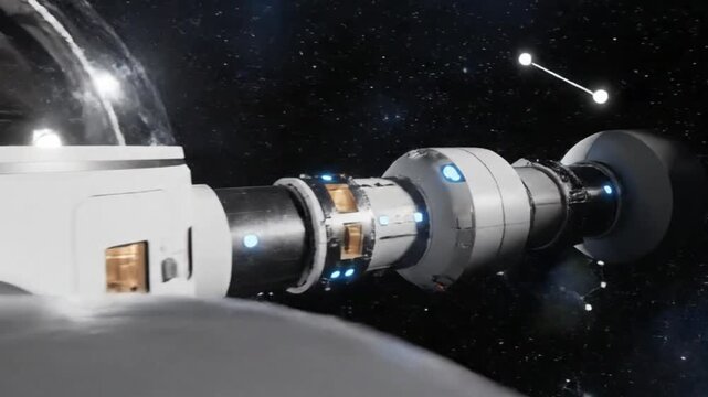 Futuristic Space Station Docking Module with Earth Below and Stars