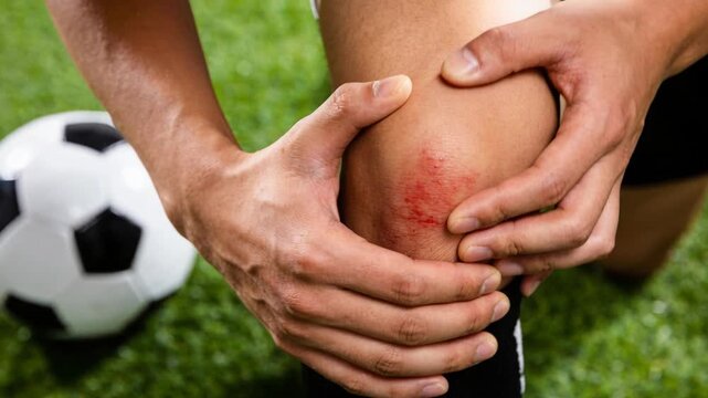 A soccer player clutching his scraped and painful knee while sitting on the green grass field.