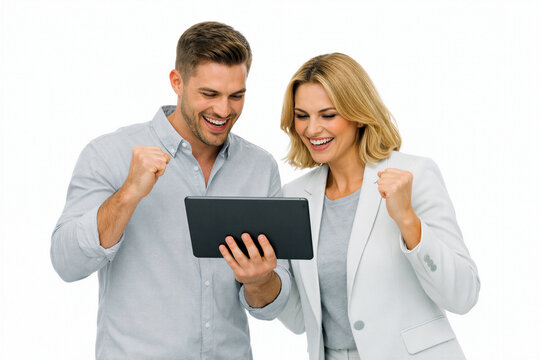 young couple with tablet computer on white 