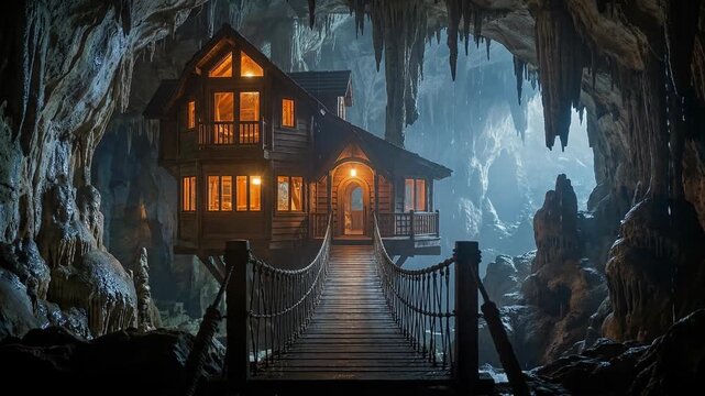 A cozy wooden house illuminated from within sits deep inside a dark limestone cave featuring stalactites and a wooden suspension bridge at night