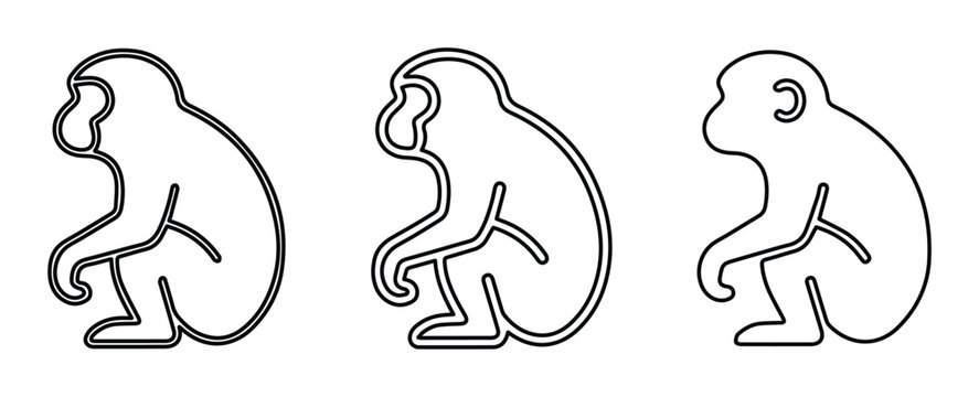 Minimalist monkey line icon set, black outline primate silhouettes, modern wildlife animal vector graphics for logo design and branding