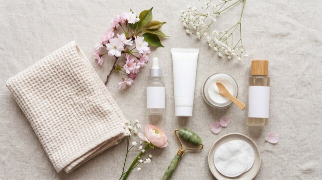 Skincare product set with towel serum cream toner jade roller cotton pad and spring flowers on linen background creating fresh and relaxing beauty routine scene