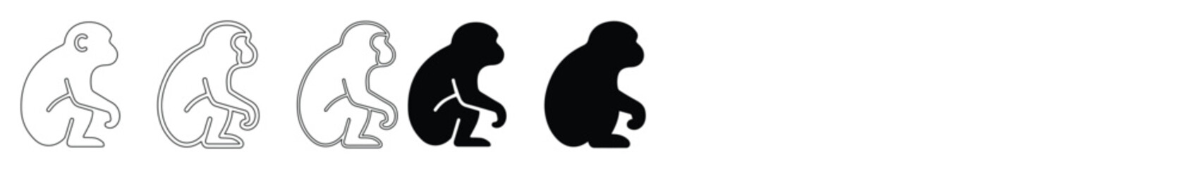 Minimalist monkey icon set, black and white primate silhouettes, simple line art ape vector illustrations for logo design and web UI © Muhammad