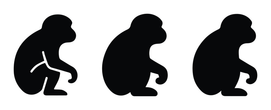 Minimalist monkey silhouette set, black primate vector icons, sitting ape profile graphics for wildlife logo design and nature branding