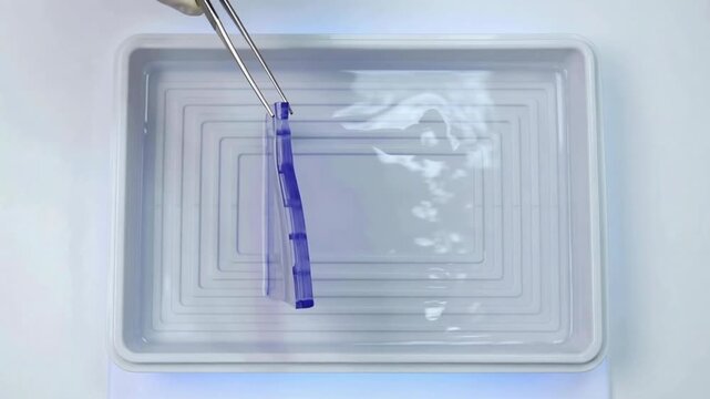 Top view of a purple stained protein gel in a plastic buffer tray being adjusted with metal tweezers in a laboratory setting for genetic research