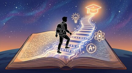 Fototapeta premium Education Journey Concept: Student Climbing Glowing Stairs from Book to Graduation