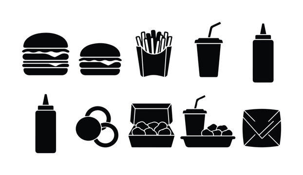 Fast food icon set with 10 black silhouettes, burger and french fries vector elements, takeaway meal and soda drink symbols for restaurant menus