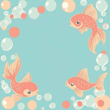 Japanese Summer Social Media Post Background with Cute Goldfish and Water Bubbles Border