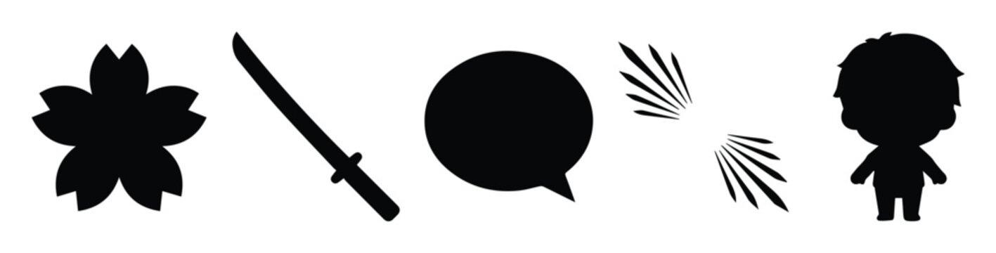 Japanese manga silhouette icons set, 5 black vector elements including katana sword and cherry blossom, anime character and speech bubble graphics