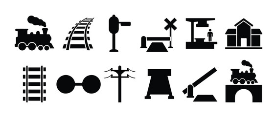 Railway silhouette icons set, vintage steam train and locomotive symbols, railroad track and station infrastructure vector elements for transit maps © Muhammad
