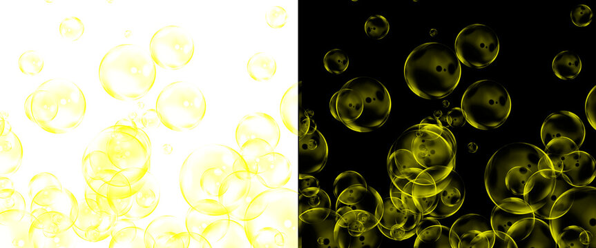 Golden soap bubbles on black and white background, floating yellow spheres in liquid, abstract bubbly texture for festive celebration design