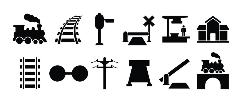 Railway silhouette icons set, vintage steam train and locomotive symbols, railroad track and station infrastructure vector elements for transit maps