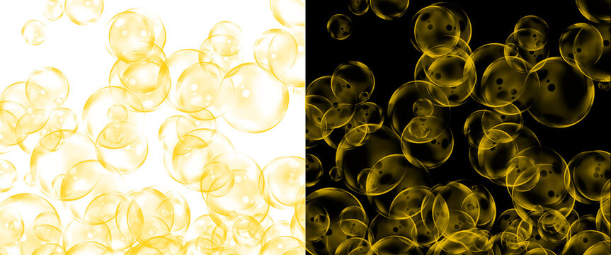 Golden champagne bubbles on black and white background, luxury carbonated liquid texture, sparkling amber soap suds for celebration design