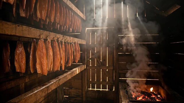 Rows of red salmon fillets hanging on wooden racks inside a dark smokehouse with natural light beams and billows of smoke over glowing hot coals