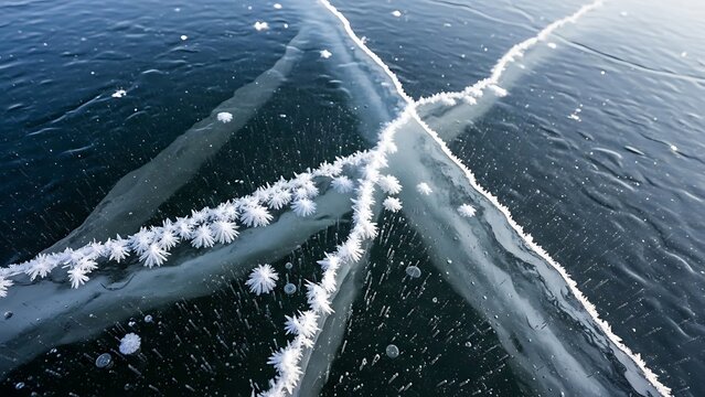 Ice trails on dark water.