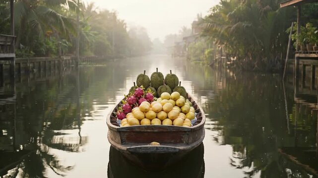 A long wooden boat filled with durian, dragon fruit, and yellow melons floats on a calm canal surrounded by lush palm trees in soft morning light