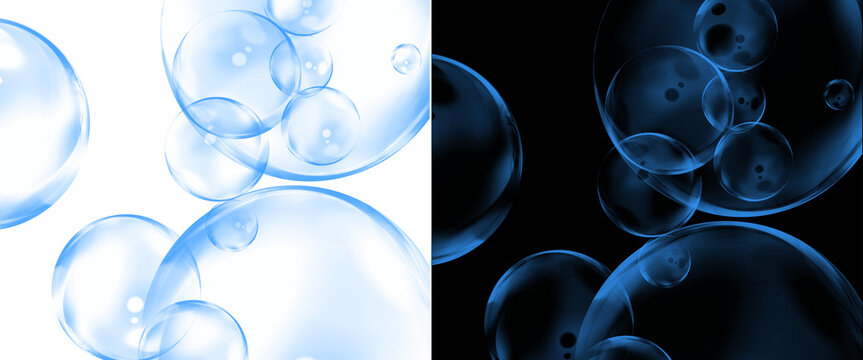 Floating blue soap bubbles on white and black background, transparent water spheres, liquid oxygen or gas bubbles for cosmetic and hygiene design