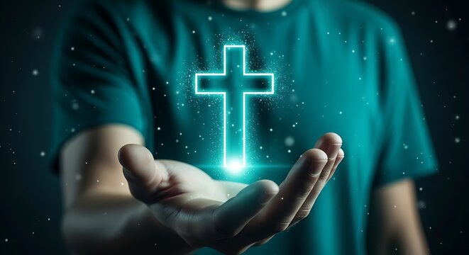 Glowing Christian cross neon icon floating over open hand, spiritual faith and religious hope concept, digital divine light symbol