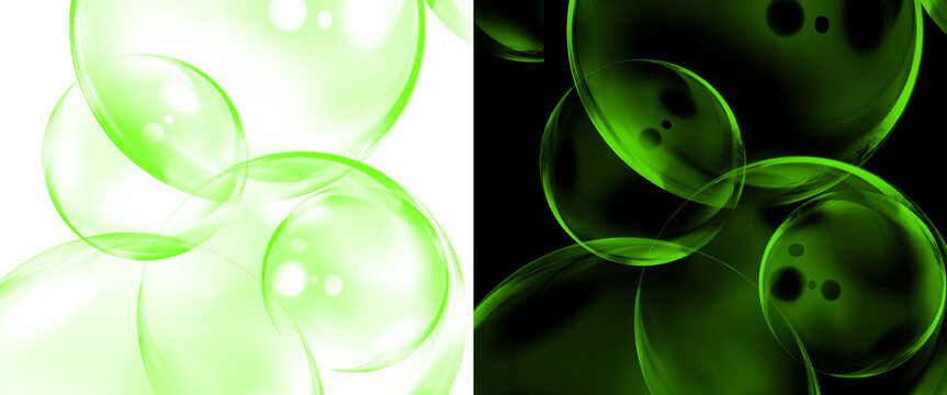 Luminous green bubbles on black and white backgrounds, abstract floating spheres with glowing highlights, toxic liquid or soap bubble texture