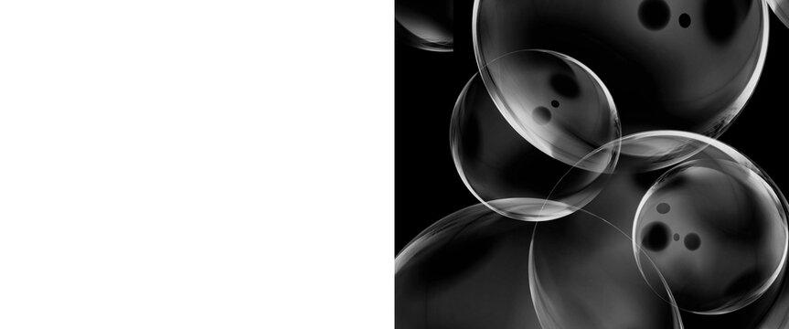 Abstract soap bubbles on black background, transparent water spheres with highlights, floating liquid orbs for creative design overlays