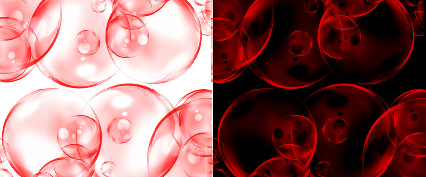 Abstract red bubbles on white and black backgrounds, microscopic blood cells or liquid spheres, biological science texture and medical concept art