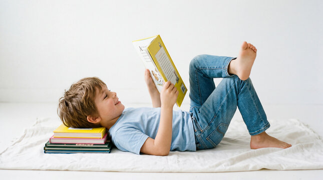 A young bangladeshi boy in blue jeans and a light blue t-shirt is lying on his back, reading a book.