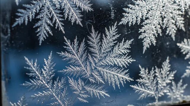 Frosty snowflake patterns crystallizing on glass window in winter