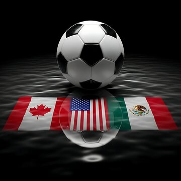 Soccer ball on flags of Canada, USA and Mexico, Symbolizing North American football