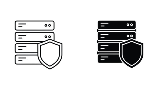 Data server storage unit with security shield icon in outline and solid black vector style
