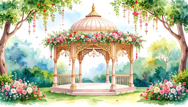 Watercolor illustration depicting an ornate gazebo adorned with flowers, set in a lush garden with hanging floral decorations