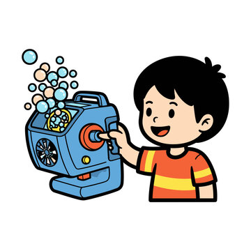 Child Playing with Bubble Machine Vector Illustration, Bubbles Blowing