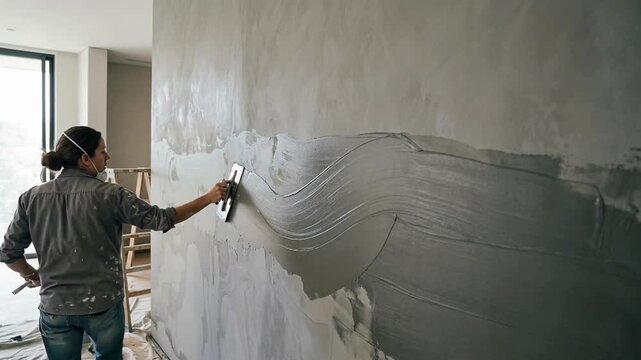 A focused individual in work clothes carefully applies grey decorative cement plaster to a large interior wall surface using a metal smoothing spatula