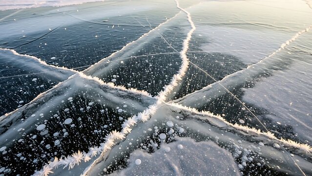 Frozen lake ice cracks pattern.