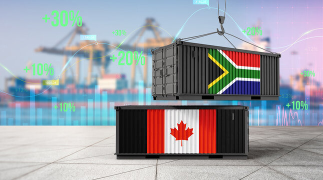 Trade Harmony: South African and Canadian Container Exchange:  Showcasing the interconnectedness of global trade, with containers featuring the flags of South Africa and Canada.