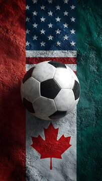 Soccer ball on flags of Canada, USA and Mexico, North American football