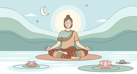 A serene woman meditates peacefully on a lotus pad in calm water under a crescent moon and sun. © grabah