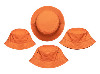Four vibrant orange bucket hats, casual summer headwear, presented from a top-down view on transparent background. © Sharon