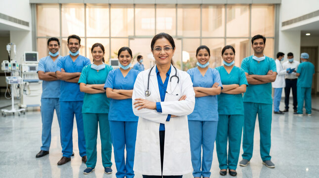 Confident senior Indian female chief physician leads healthcare team in modern hospital, arms crossed and smiling. Doctors and nurses in scrubs show teamwork, trust, medical excellence, and care.