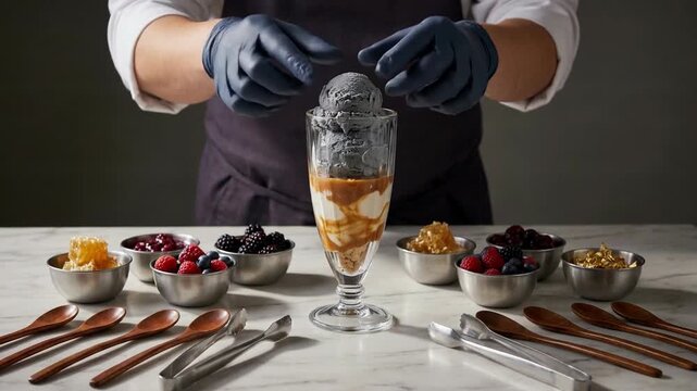 Close up of a chef in black gloves placing a scoop onto a tall glass layers with cream and caramel surrounded by berries honey and wooden spoons