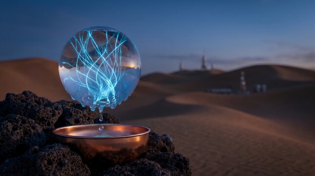 Glowing magical glass sphere levitating above a rustic metal bowl dripping liquid energy in a desolate desert landscape during the golden hour