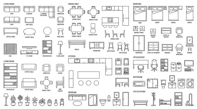 Architectural Floor Plan Symbols and Furniture Layouts.