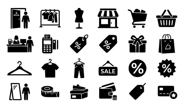Shopping and retail silhouette icon set with clothing racks fitting rooms and sale tags vector collection